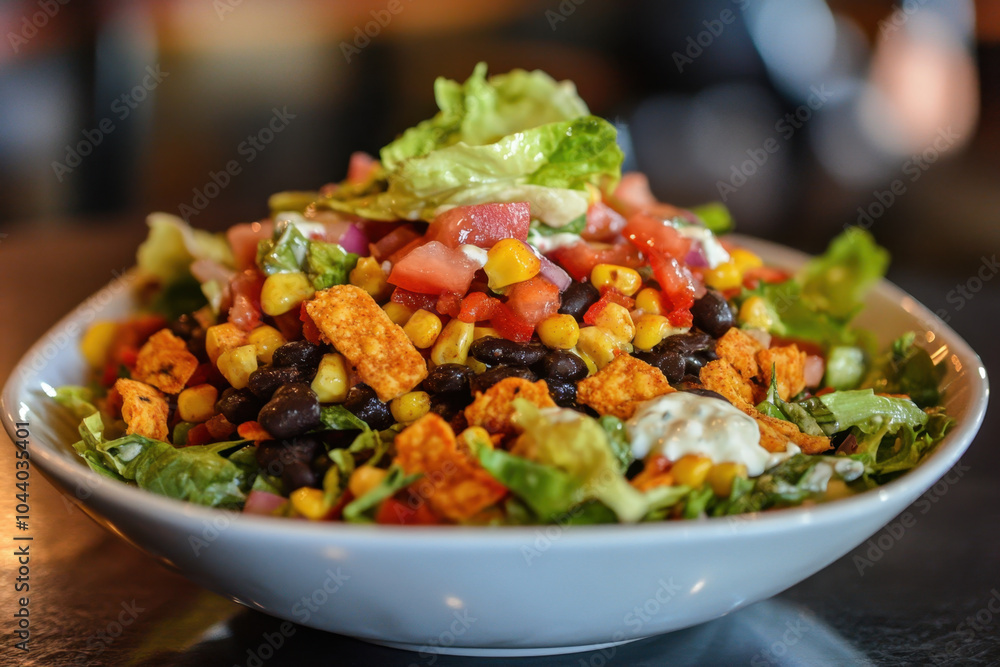 Fresh and vibrant Mexican salad featuring mix of lettuce, tomatoes, corn, black beans, and crunchy toppings, perfect for healthy meal. Enjoy colorful presentation! Fresh and vibrant Mexican salad featuring mix of lettuce, tomatoes, corn, black beans, and crunchy toppings, perfect for healthy meal. Enjoy colorful presentation!