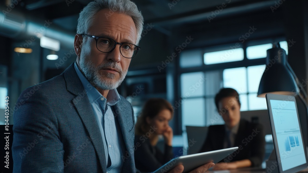Mature businessman with digital tablet leaning amidst colleagues at desk in office Mature businessman with digital tablet leaning amidst colleagues at desk in office