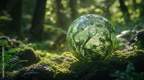 Net Zero concept, net zero greenhouse gas emissions, is a long-term climate neutral and environmentally sustainable strategic goal of the world. Green ball on moss in green forest with Net Zero icon