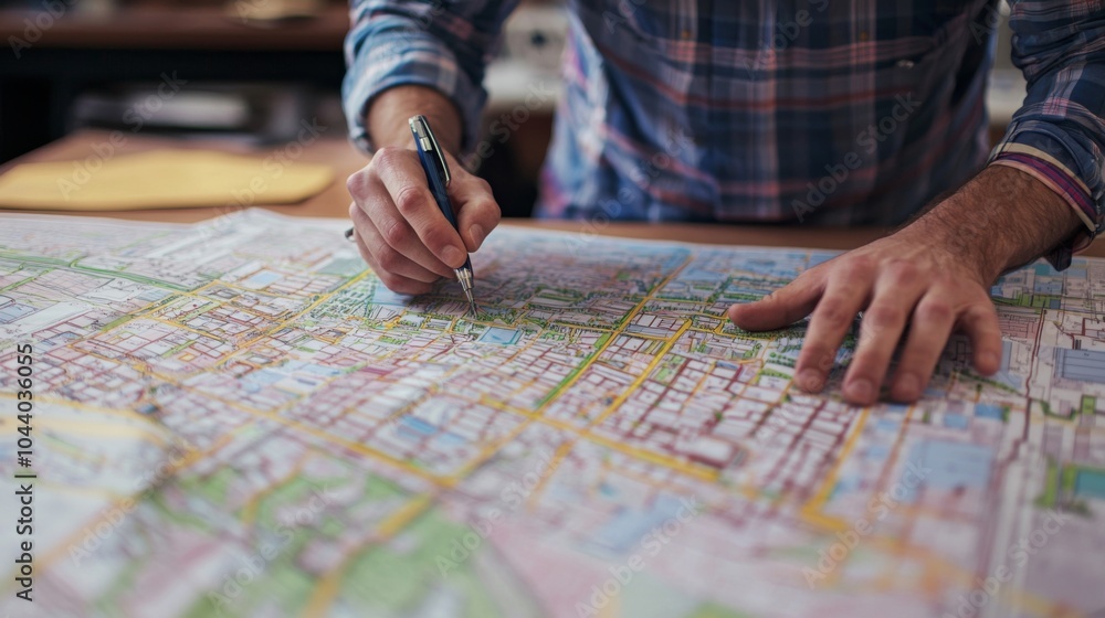 Architect studying city maps and zoning plans, representing thoughtful urban development Architect studying city maps and zoning plans, representing thoughtful urban development