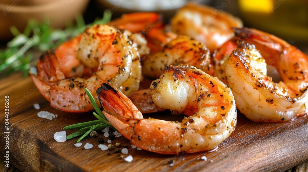 Grilled Shrimp on Wooden Cutting Board Presentation Grilled Shrimp on Wooden Cutting Board Presentation