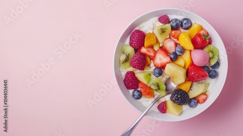 Bowl of fresh fruit salad, muesli and greek yogurt with silver spoon on light pink background. Free space for text. --ar 16:9 --v 6.1 Job ID: 8dbaff08-3ccc-4cc2-8517-85f75e722dd4