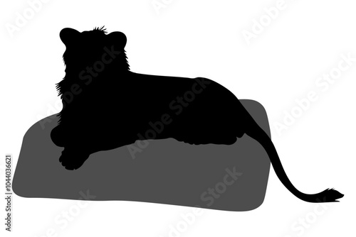 Black silhouette of lion lying on stone. Vector illustration