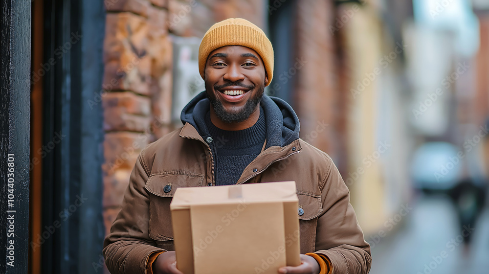 A smiling man wearing a delivery uniform holds a package box, ready to deliver it at door step