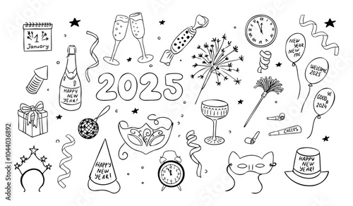 New Year 2025 party items doodle set. Winter holiday hand drawn sparkling, masks, clocks, bottle of wine and glasses isolated on white background. New Year decoration for coloring pages, stickers