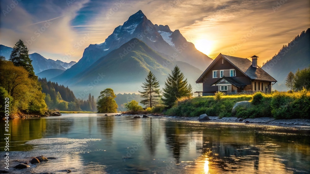 Fototapeta premium Scenic mountain house by river with mountain backdrop