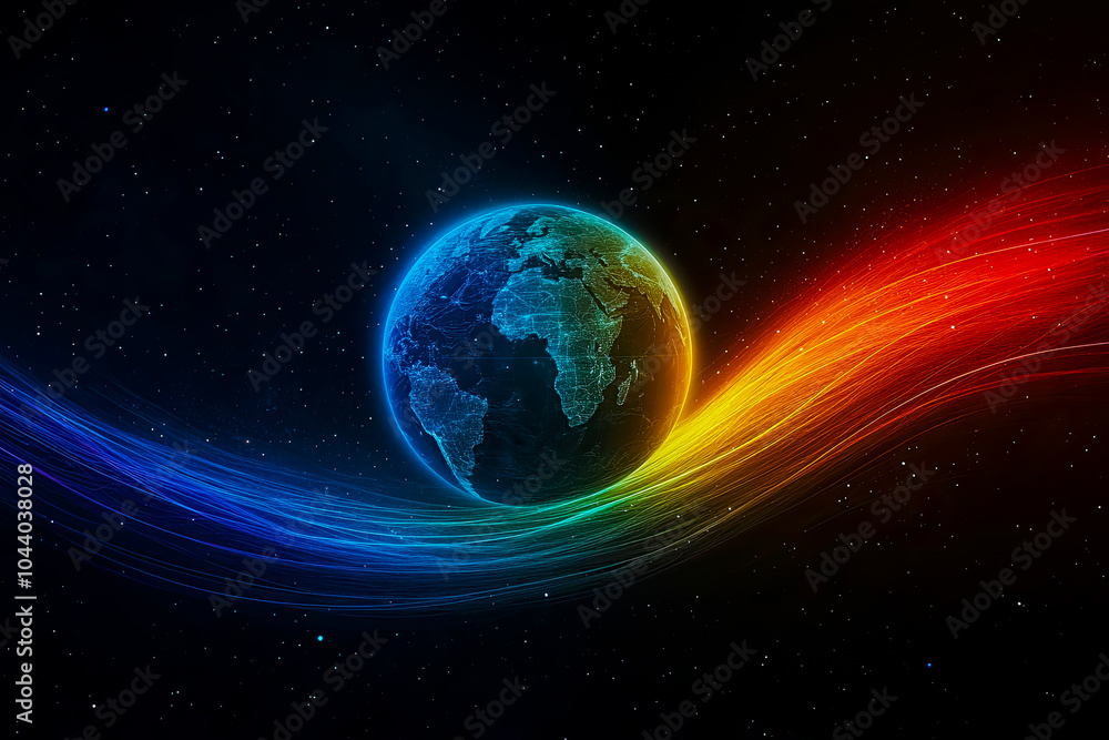 A globe lying on multi-colored neon threads, a symbol of world trade and the interconnection of countries and continents A globe lying on multi-colored neon threads, a symbol of world trade and the interconnection of countries and continents