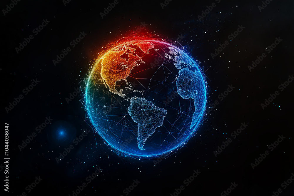 Obraz premium Graphic design of globe against a backdrop of space intertwined with trade lines connecting continents, world trade poster concept