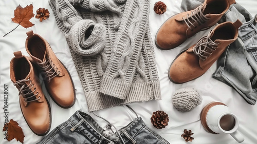 A cozy and comfortable autumnal outfit featuring a chunky knit sweater, brown leather boots, jeans, and fall-inspired accessories. photo