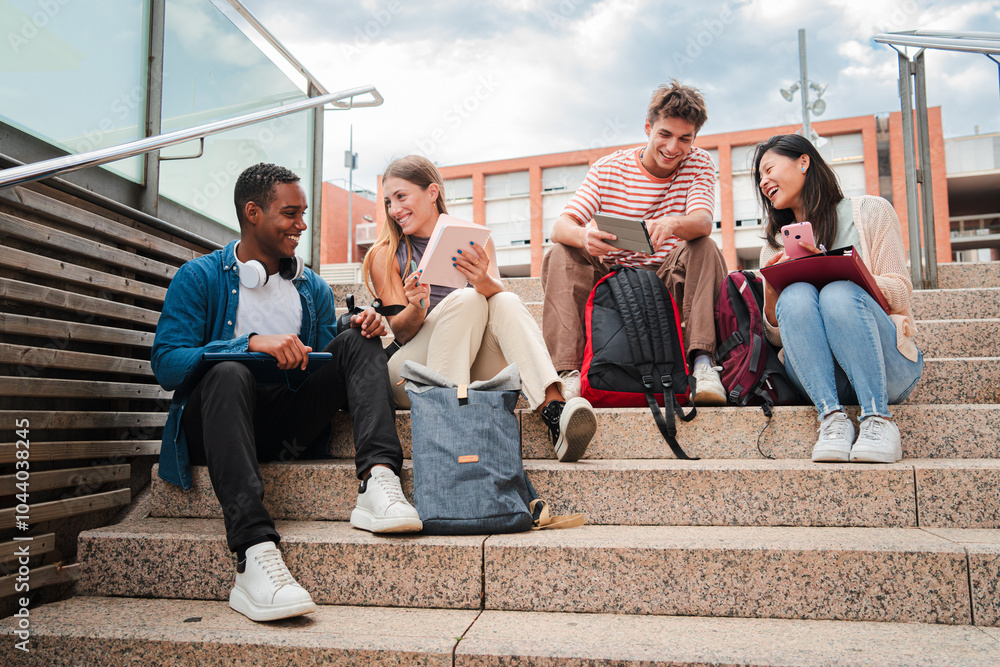 Fototapeta premium Group of diverse young students talking and smiling while sitting on university campus stairs. Multiracial friends enjoying casual conversation, holding tablets and smartphones in a relaxed academic