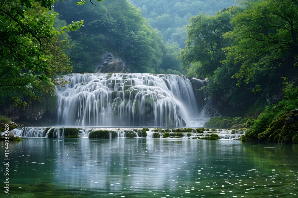 A waterfall in the middle of a lush green forest A waterfall in the middle of a lush green forest