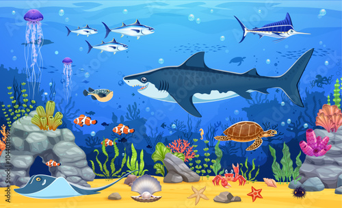 Game map underwater landscape with cartoon sea animals like a shark, fish shoals and turtle, tuna and jellyfish swimming between seaweeds. Vector wallpaper or background, game seafloor location level