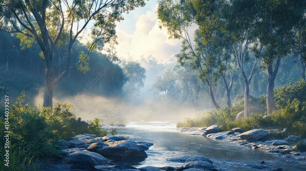 Waves of rolling mist at dawn over treetops and river in Singleton Waves of rolling mist at dawn over treetops and river in Singleton