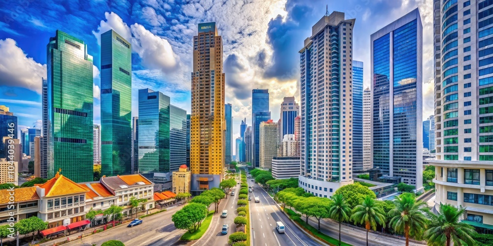 Fototapeta premium On a hot, cloudy day in 2022, Singapore's skyscrapers tower over empty streets, echoing the stillness brought by the Covid-19 pandemic lingering on.