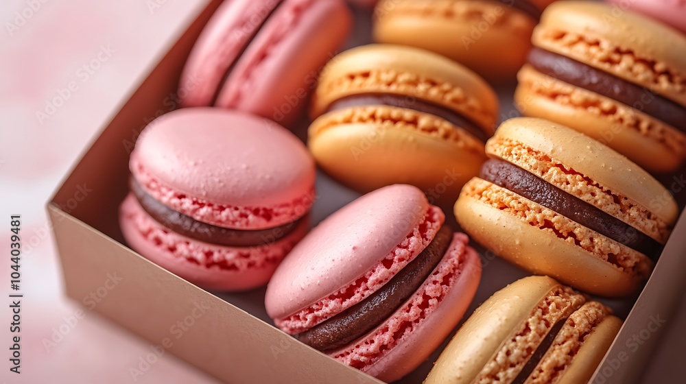 Obraz premium A box of assorted macarons with chocolate filling.