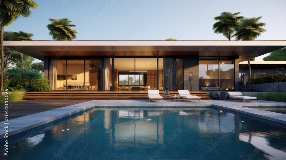 Fototapeta premium A modern house with sleek lines and an inviting pool is artfully framed by lush greenery, evoking a sense of tranquility and sophistication.