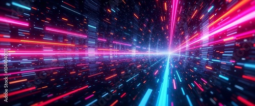 Futuristic light streaks in a digital space, dynamic mood, conveying speed and energy with copy space