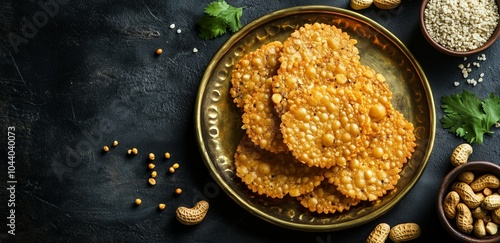 Banner with a Telangana Chekkalu (Telangana Special Appalu).  Little peanuts, sesame seeds, cumin seeds, and coriander, placed naturally around the Chekkalu. Darkl background with free space for text, photo