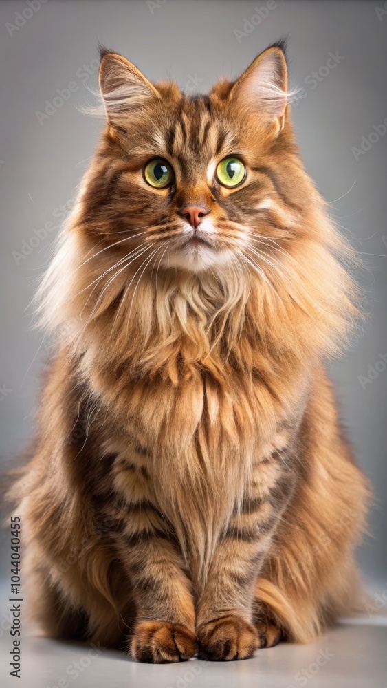 Fluffy brown cat with striking green eyes posing elegantly on a neutral background. Generative AI Fluffy brown cat with striking green eyes posing elegantly on a neutral background. Generative AI