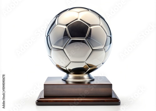 Elegant glass trophy shaped like a soccer ball on a wooden base, ideal for awards. Generative AI