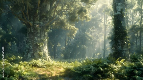 Primordial Forest Landscape with Towering Ancient Trees and Lush Undergrowth