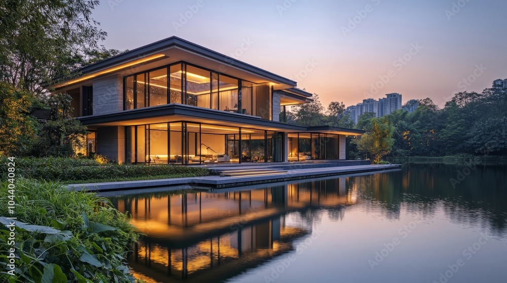 Obraz premium Modern glass house by a serene lake at dusk
