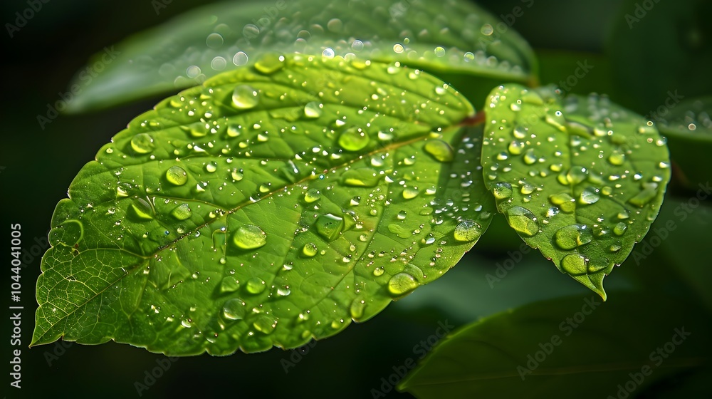 Macro Close Up of Vibrant Green Leaf with Glistening Morning Dew Drops Capturing Soft Sunlight Macro Close Up of Vibrant Green Leaf with Glistening Morning Dew Drops Capturing Soft Sunlight