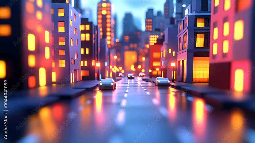 Futuristic 3D Portrayal of an Urban Area at Dusk Featuring Dynamic Structures and Glowing Light Displays Futuristic 3D Portrayal of an Urban Area at Dusk Featuring Dynamic Structures and Glowing Light Displays