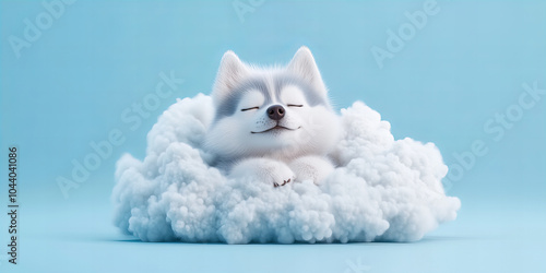 Banner of animated dreaming white character nestled cloud surreal dreamlike sense peaceful ambiance light blue background photo