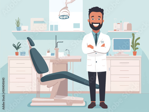 Friendly dentist stands confidently in modern dental clinic with treatment chair and equipment in bright, welcoming environment