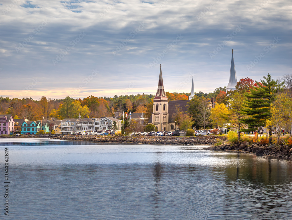 Fototapeta premium Thje skyline of beautiful Mahone Bay with the steeple of its three churches, Nova Scotia, Canada
