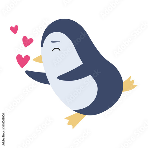 Cute penguin blowing kiss for children's print, baby room decoration or book. Vector character in flat hand drawn style
