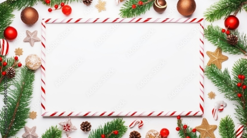Fototapeta premium A festive frame crafted from lush fir branches, adorned with ornaments and candy canes, highlighting the joyful spirit of the holiday season.
