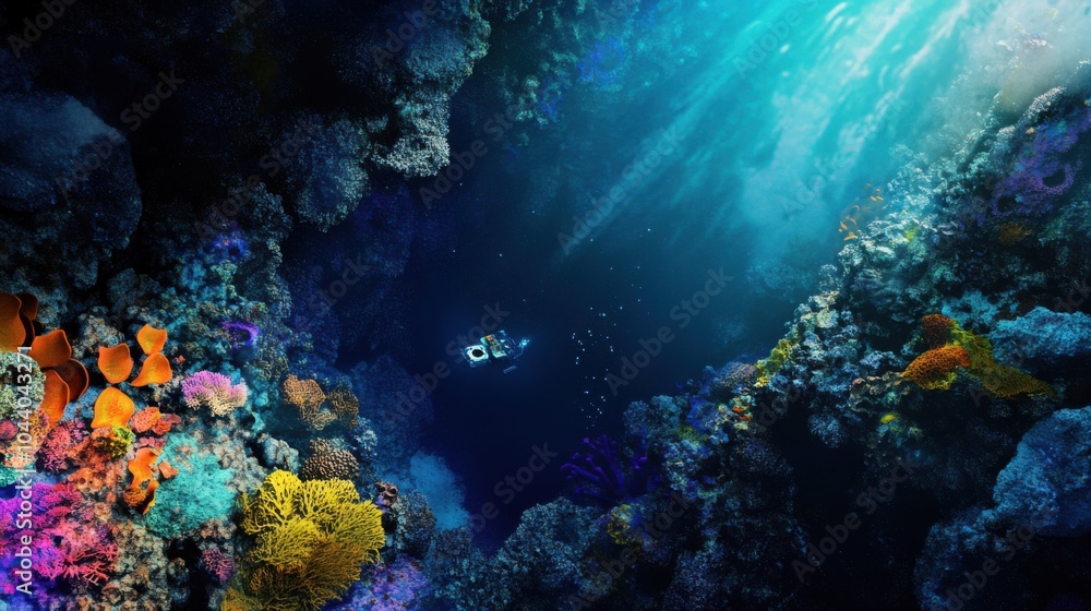 Fototapeta premium Robotic underwater exploration of a deep-sea hydrothermal vent, Futuristic style, photo of