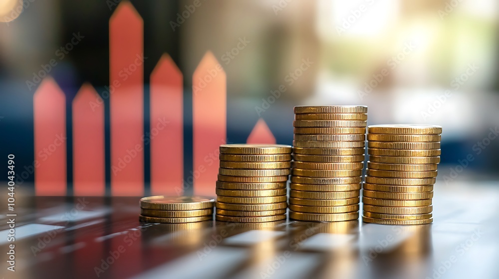 Business expansion demonstrated with coin stacks and performance graph chart Business expansion demonstrated with coin stacks and performance graph chart