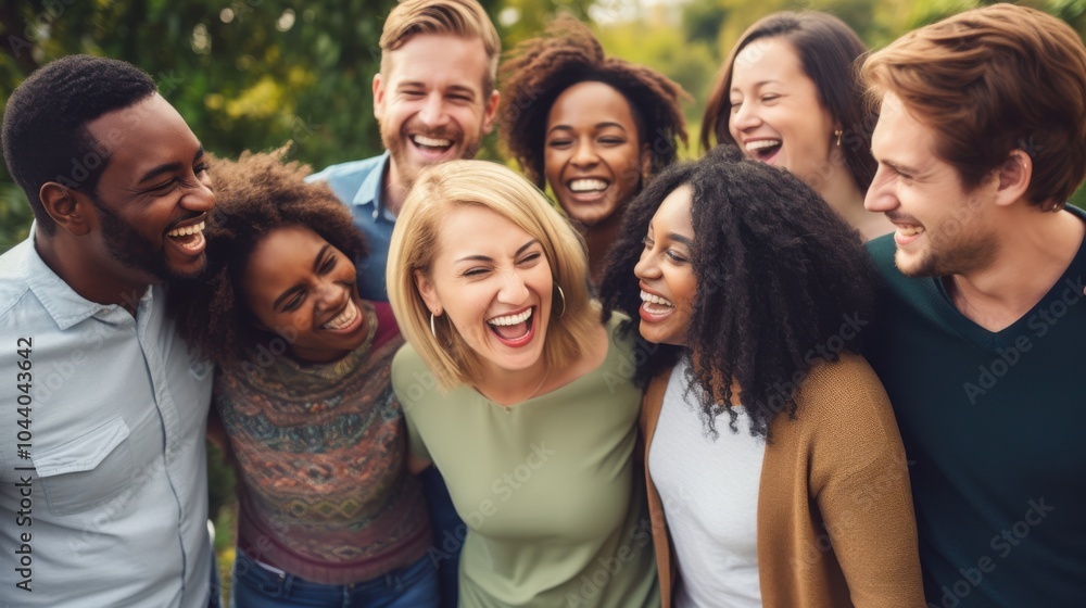 A joyful group of diverse friends laughs together outdoors, capturing a moment of camaraderie and shared happiness. A joyful group of diverse friends laughs together outdoors, capturing a moment of camaraderie and shared happiness.