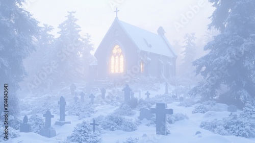 Wallpaper Mural Enchanting Christmas Scene with Glowing Church in Snowy Cemetery | Ultra-Detailed Fantasy Winter Illustration Torontodigital.ca