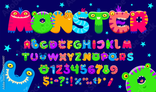 Cartoon monster font, bugaboo type, bogle typeface, scarecrow alphabet vector typography of funny Halloween aliens, fantasy animals, dragons. Cute monster characters in shape of letters and numbers