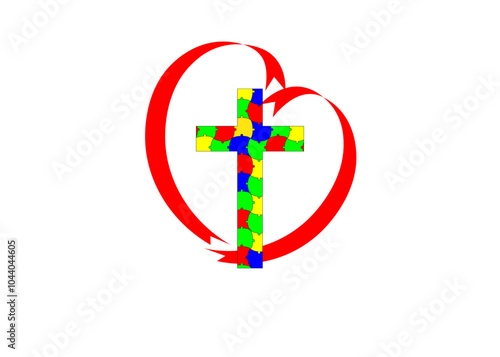 cross with puzzle symbol and the heart of cross for religion autistic valentine. vector illustration