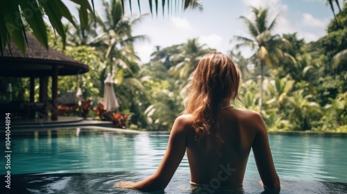 A woman luxuriates in a serene pool surrounded by lush greenery, embodying relaxation and tropical bliss. photo