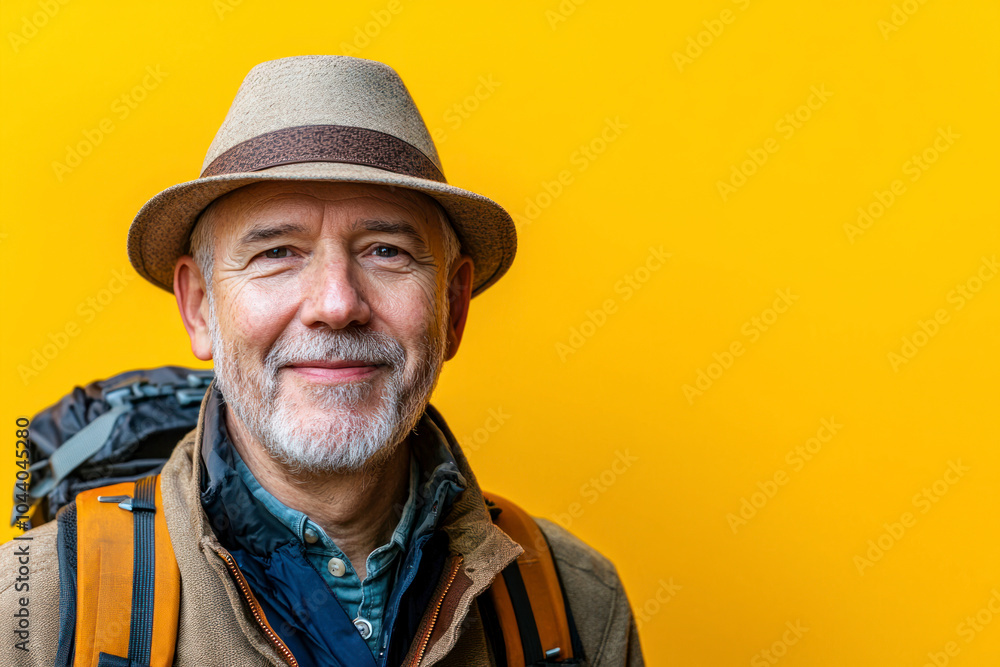 Smiling traveler tourist elderly gray-haired man in hat isolated on yellow background. Smiling traveler tourist elderly gray-haired man in hat isolated on yellow background.