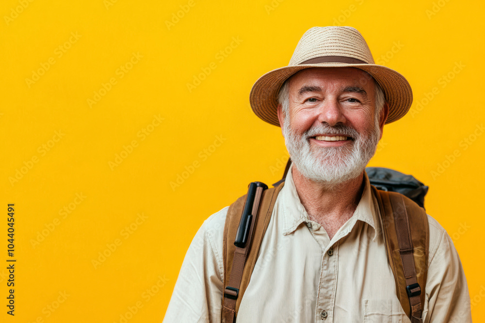Smiling traveler tourist elderly gray-haired man in hat isolated on yellow background. Smiling traveler tourist elderly gray-haired man in hat isolated on yellow background.