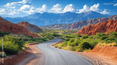 Scenic winding road through colorful canyons with mountains under a blue sky