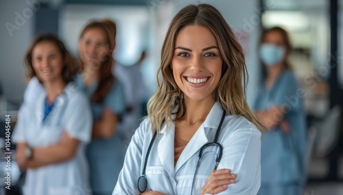 Smiling Female Doctor In White Coat With Stethoscope In Hospital