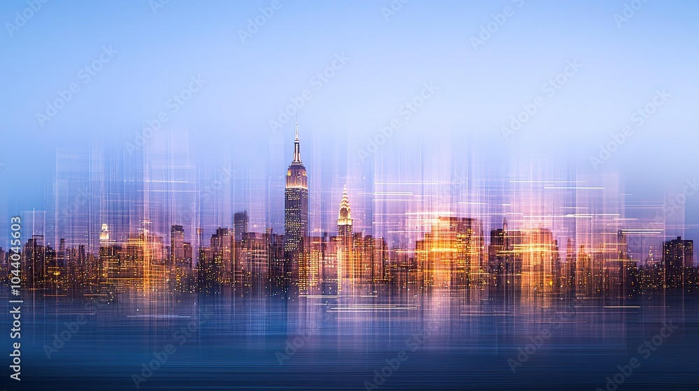 Fototapeta premium A vibrant dusk view of the New York City skyline with skyscrapers illuminated by city lights reflecting on the water