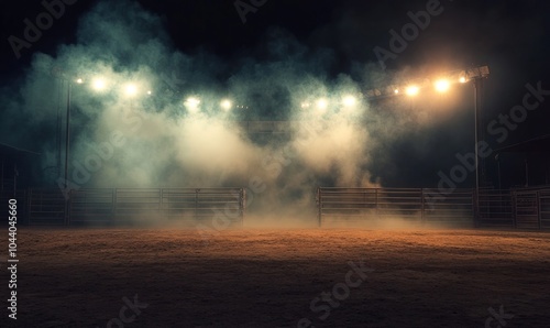 Desolate rodeo arena illuminated by bright lights and lingering smoke. Concept Rodeo Arena, Bright Lights, Smoke, Desolate Setting