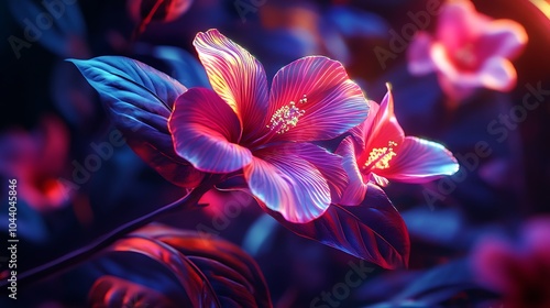 Colorful neon tropical flowers radiating light in night garden image