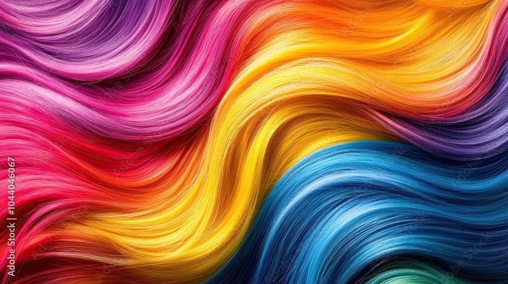 Fototapeta premium Women's hair close-up. Wavy curls are dyed in bright multicoloured colours and look well-groomed. Hair colouring in modern shades. Hairdressing procedures, extensions. Design for advertising.