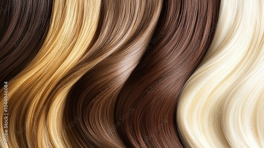 Fototapeta premium A row of long wavy strands of hair in different colours. Concept of variety and individuality in hair colouring. Hairdressing treatments, extensions. Design for cover, advertising or presentation.