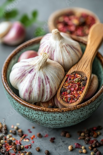 Fresh garlic bulbs with assorted spices in a rustic bowl on a gray countertop